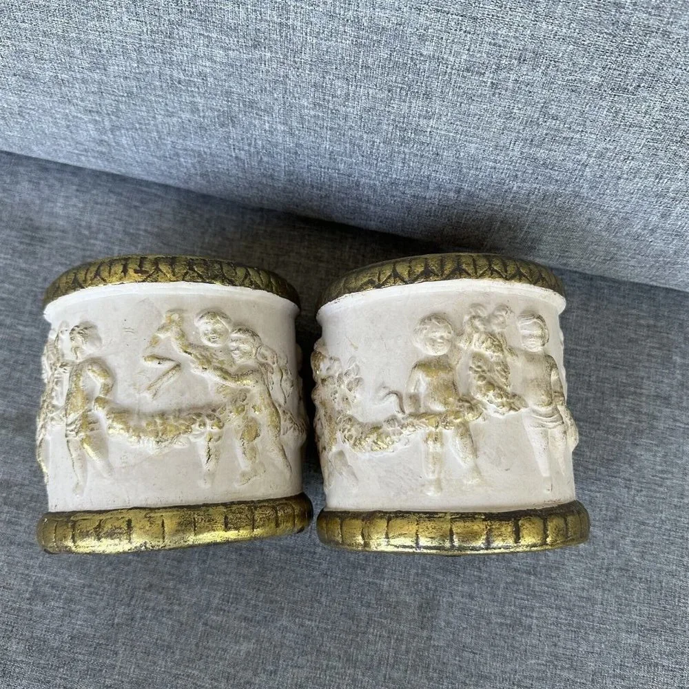 Cherub Putti Vase Planter Lot of 2 Gold Cream Round Ornate Reproduction Pottery